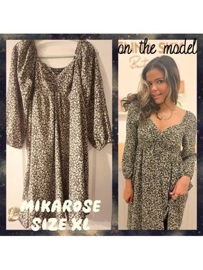 Mikarose Estella Fall Guest Floral Long Sleeve Dress in Black Gardenia - size XL